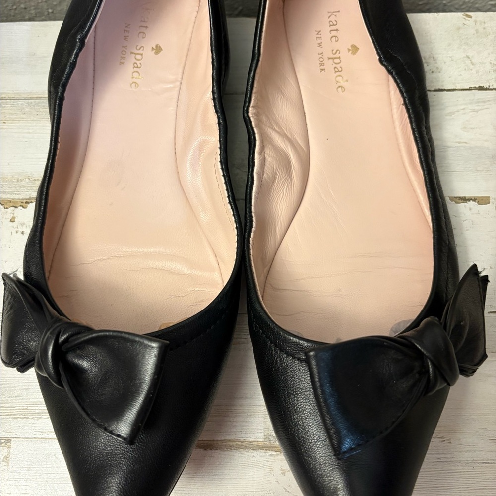 kate spade Black Leather Bow Pointed Ballet Flats - Picture 3 of 8